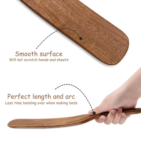 Teak Wood Mattress Lifter And Sheet Tucker Tool For Easier Bed Making, showing smooth surface and ergonomic design in hand