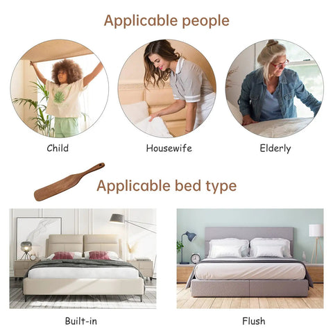 Teak Wood Mattress Lifter And Sheet Tucker Tool for Easier Bed Making with various user scenarios and bed types shown.