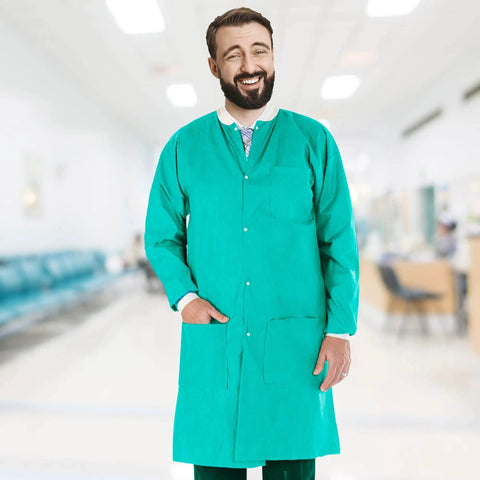 Teal Blue Disposable Lab Coats For Adults Pack Of 50 Knee Length 45 GSM With Cuffs Collar And 3 Pockets Plastic Snaps for medical use in hospital