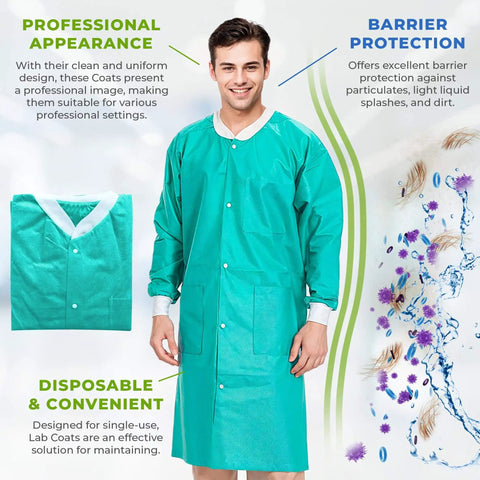 Teal Blue Disposable Lab Coats For Adults Pack Of 50 Knee Length 45 GSM With Cuffs Collar And 3 Pockets Plastic Snaps on model