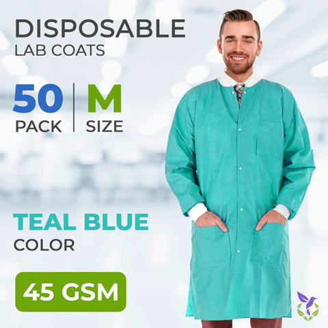 Teal Blue Disposable Lab Coats For Adults Pack Of 50 Knee Length 45 GSM With Cuffs Collar And 3 Pockets Plastic Snaps Great For Medical Staff