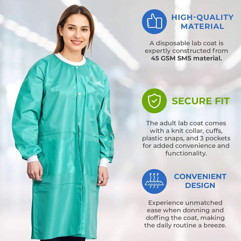Teal Blue Disposable Lab Coats For Adults Pack Of 50 Knee Length 45 GSM With Cuffs Collar And 3 Pockets Plastic Snaps Medical Use