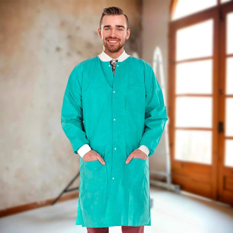 Teal Blue Disposable Lab Coats For Adults Pack Of 50 Knee Length 45 GSM With Cuffs Collar And 3 Pockets Plastic Snaps Front View