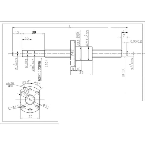 Technical drawing of RM1204 Set SFU1204 Rolled Ball Screw C7 with 1204 Ball Nut and BK/BF10 End Support for CNC Parts