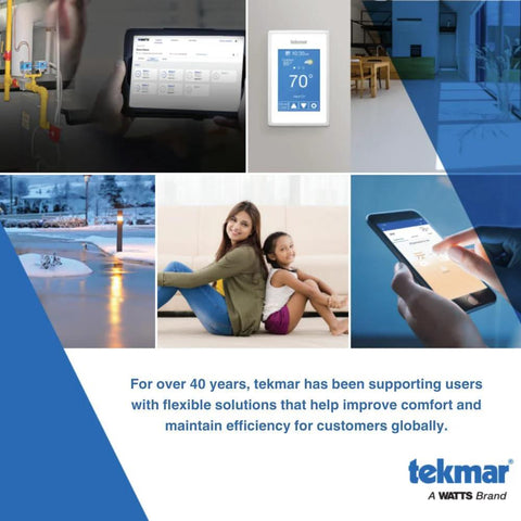 tekmar Universal Temperature Sensor 071, white HVAC sensor collage with thermostat display, wall control, and mobile app.
