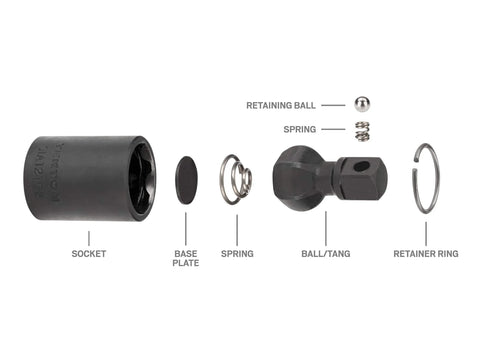 Exploded view of 3/8 Inch Drive Impact Universal Joint | SIA12102 parts, including socket, base plate, spring, ball/tang, retaining ball, retainer ring.