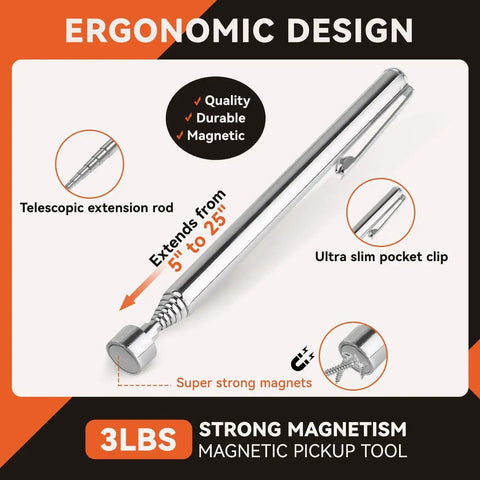 Close-up of telescopic extension rod from Four piece telescoping magnetic pickup tool set showing ergonomic design and super strong magnets.