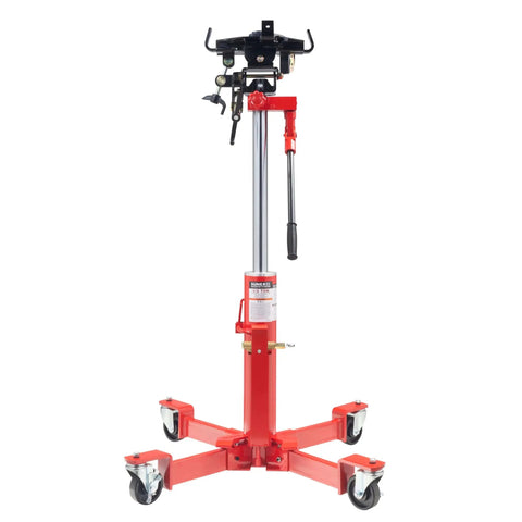 Front view of Beefy 1000 Lb Air And Hydraulic Telescoping Transmission Jack With Adjustable Saddle Arms, 35.5 In To 73.5 In Lift Range, Model 7796 For Transmissions, Transaxles And Transfer Cases In The Shop.