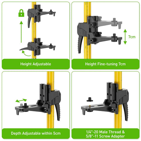 12 Foot Telescoping Laser Level Pole With Tripod showing adjustable height, depth features, and threaded adapter