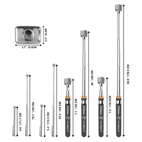 Five Piece Telescoping Magnetic Pickup Set with Rustproof Tray Delivers Strong Neodymium Pull From 4.6 To 30.9 Inches
