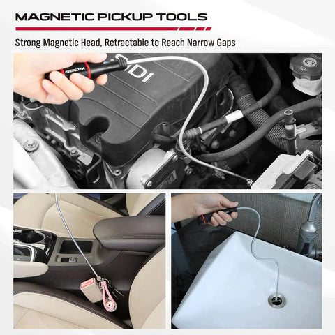 Stay organized and save time with this four-pack telescoping magnetic pickup tool set featuring a 20 inch reach, 1.5 lb lift, and three magnetic trays (3, 4, and 6 inches) to grab metal parts, screws, nails, and debris in garage, workshop