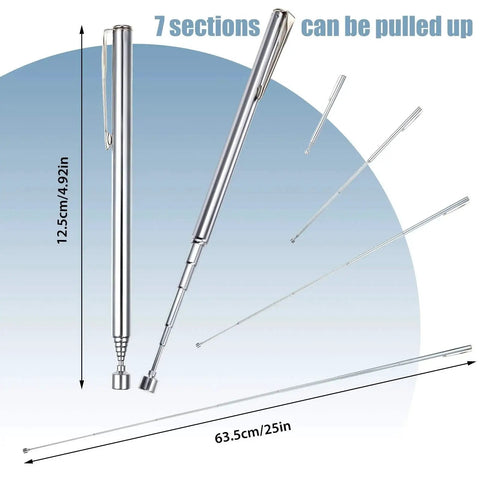 4 Piece Telescoping Magnetic Pick Up Tools Set With Pocket Clip 25 Inch Reach Grabbers Reacher Tools For Auto Home Garage Use Lifts Up To 3 Pounds Magnetic Retrieval For Small Metal Items In Tight Spaces Gift For Man Father Husband, showing tool with 7 sections and extended view.