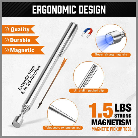 Effortlessly retrieve metal parts from tight spots, under machines, and around the shop with this 4 piece telescoping magnetic pickup tool set.