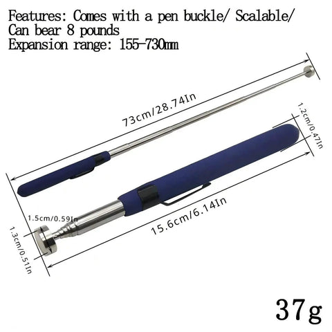 Telescoping Magnetic Pickup Tool 2 Pack With 8Lb And 2Lb Magnets shown extended with measurements and features labeled