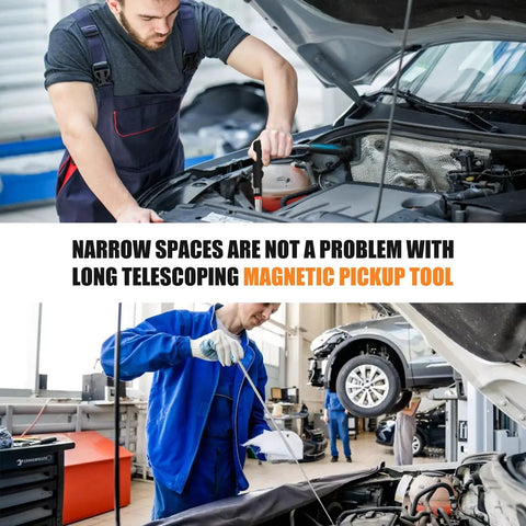 Mechanics using 4-Piece Telescoping Magnetic Pickup Tool Set with 40lb pull in automotive workshop