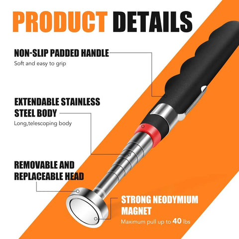4-Piece Telescoping Magnetic Pickup Tool Set provides up to 40lb pull with a 30in reach, featuring a stainless steel tube and non-slip grip