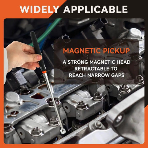 Four piece telescoping magnetic pickup tool set includes a 10 lb extender, shown retrieving metal parts from engine area.