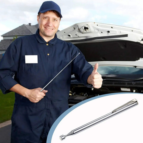 Mechanic holding a telescoping magnetic pickup tool, shown with the 4 Piece Telescoping Magnetic Pick Up Tools Set With Pocket Clip 25 Inch Reach Grabbers Reacher Tools For Auto Home Garage Use Lifts Up To 3 Pounds Magnetic Retrieval For Small Metal Items In Tight Spaces Gift For Man Father Husband inset.
