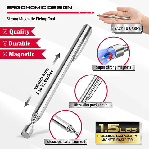 Close-up of a telescoping pen tool from the Six piece telescoping magnetic pickup tools set offering super strong magnets.
