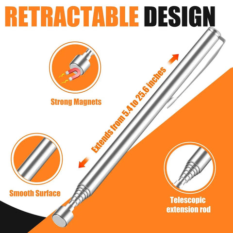 4-Piece Telescoping Magnetic Pickup Tool Set with retractable design, 40lb pull, 30in reach, stainless steel, non-slip grip.