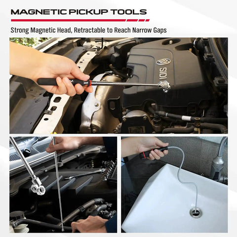 Six piece telescoping magnetic pickup tools set offers extendable reach and versatile magnet grab for DIY repairs shown in use.