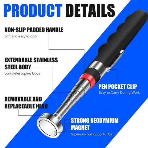 Two Pack Telescoping Magnetic Pickup Tools reach 7 to 30 inches with a 40 lb pull, featuring a non-slip grip handle and extendable body