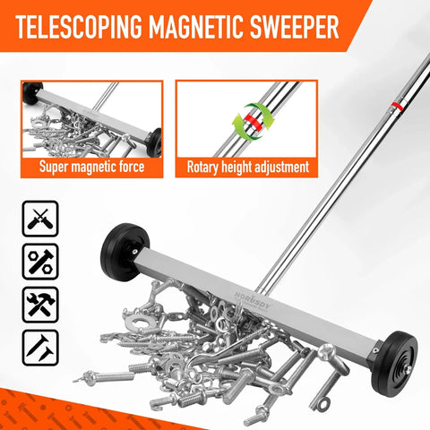 Seventeen Inch Rolling Magnetic Sweeper With Wheels And A Single Unit Adjustable Handle Eight Point Eight Pound Capacity