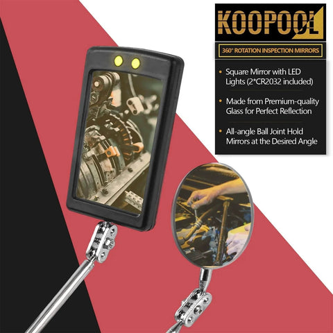 Telescoping Magnetic Pickup Tool Set with LED inspection mirror showing automotive engine detail