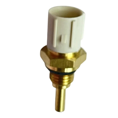 Automotive temperature sensor with brass threaded probe, hex mounting nut, and white plastic electrical connector.