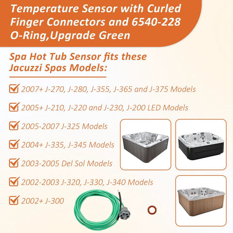 Hot tub temperature sensor with curled finger connectors and 6540-228 O-ring, green; includes green coil and red O-ring.