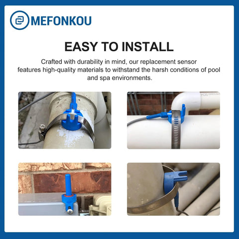 MEFONKOU temperature sensor with blue mounting clip on pool pipe, 20 ft cable, 2-pack