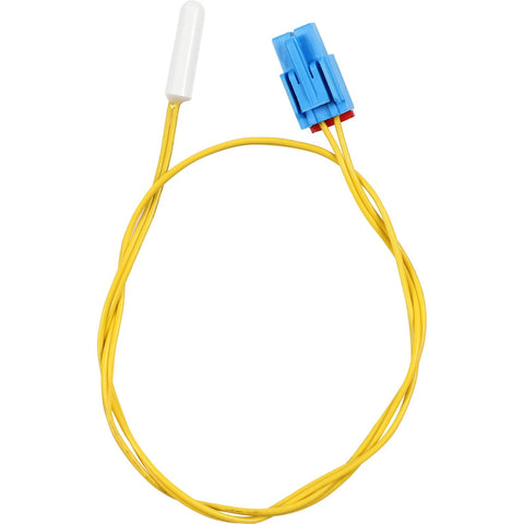 DA32-10105X refrigerator temperature sensor with yellow wiring, white probe, blue two-pin connector