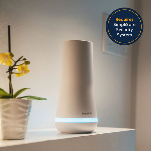 SimpliSafe temperature sensor, white cylindrical device with blue LED ring at base and visible SimpliSafe logo.