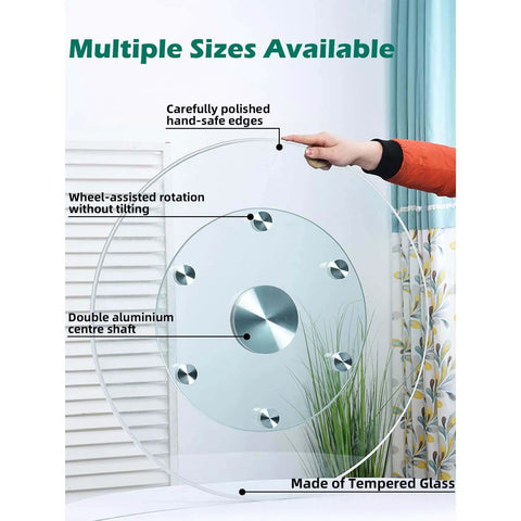 18.9 inch tempered glass lazy susan rotating serving tray showing wheel-assisted rotation features and polished edges.