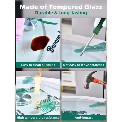 Features of the 22.8 inch tempered glass lazy susan rotating serving tray, showcasing durability and easy maintenance.