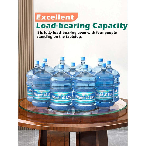 18.9 inch tempered glass lazy susan rotating serving tray with water bottles demonstrating load-bearing capacity.