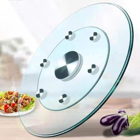 26.7 inch tempered glass lazy susan rotating serving tray with a sleek design, ideal for dining and parties.