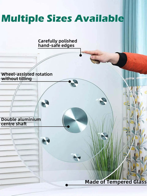 26.7 inch tempered glass lazy susan rotating serving tray features polished edges and wheel-assisted rotation.