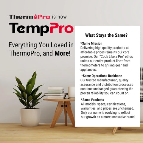 TempPro rebrand banner: ThermoPro is now TempPro with a TempPro logo; plant, books on left, white info panel on right.