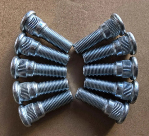 Ten-pack rear wheel studs with 1/2-20 threads, 0.668 inch knurl, and 1.75 inch length for Dodge and Jeep, arranged on display.