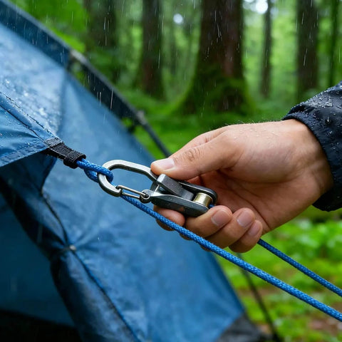 Person securing blue tent with rope and carabiner in rainy forest setting