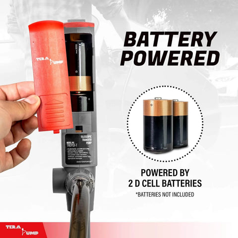 TERA PUMP Portable Battery Powered Gas Transfer Pump showing battery compartment with 2 D cell batteries illustration
