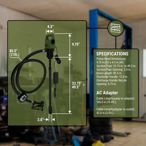 Image of TERA PUMP - Electric 55 Gallon Drum Pump with dimensions and specifications highlighted, showing size and features