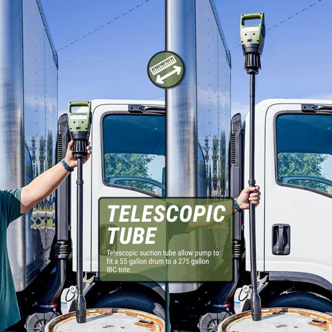 Person demonstrating TERA PUMP - Electric 55 Gallon Drum Pump's telescopic tube next to a truck, highlighting its adjustable length.