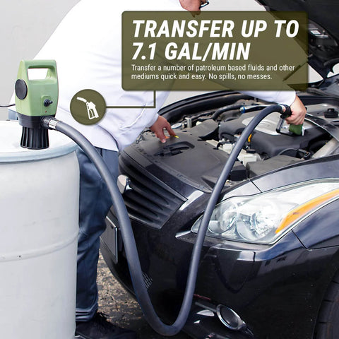 Person using TERA PUMP Electric Transfer Drum Pump for 55 Gallon Drums up to 275 Gallon IBC Totes to transfer fluid into car