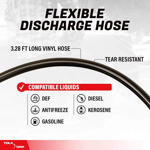 Flexible discharge hose for TERA PUMP Portable Battery Powered Gas Transfer Pump, 3.28 ft tear-resistant vinyl, compatible with DEF, diesel.