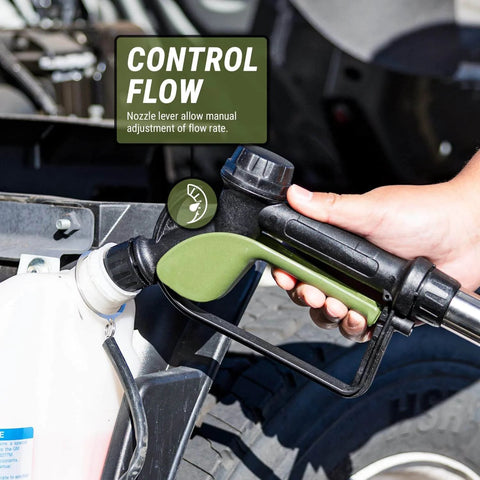 Hand operating TERA PUMP - Electric 55 Gallon Drum Pump with control nozzle on a container