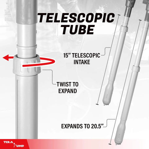 TELA PUMP Portable Battery Powered Gas Transfer Pump showing 15-inch to 20.5-inch telescopic intake tube with twist expansion feature