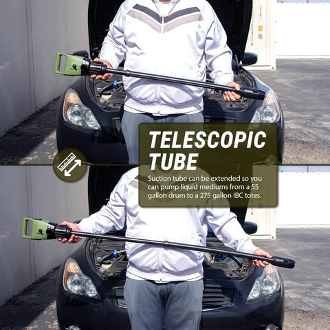 Man demonstrating telescopic tube of TERA PUMP Electric Transfer Drum Pump for 55 Gallon Drums up to 275 Gallon IBC Totes