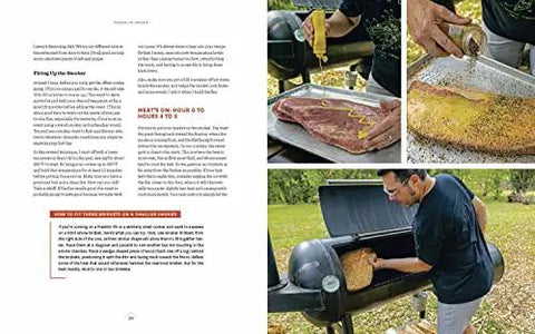 Open page of "Texas Style Live Fire Grilling And Smoking At Home A Cookbook From The James Beard Award Winning Team Behind Franklin Smoke Wood Fire Food Packed With Pro Tips For Meats Veggies Fish And More" showing grilling techniques and images of meat preparation.